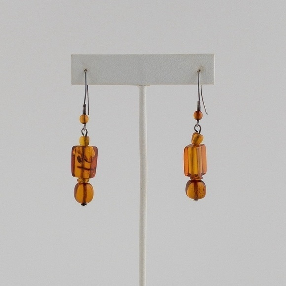 Pressed Baltic Amber Stone Beaded Earrings Drop Dangle Silver Plated Vintage - Picture 7 of 10